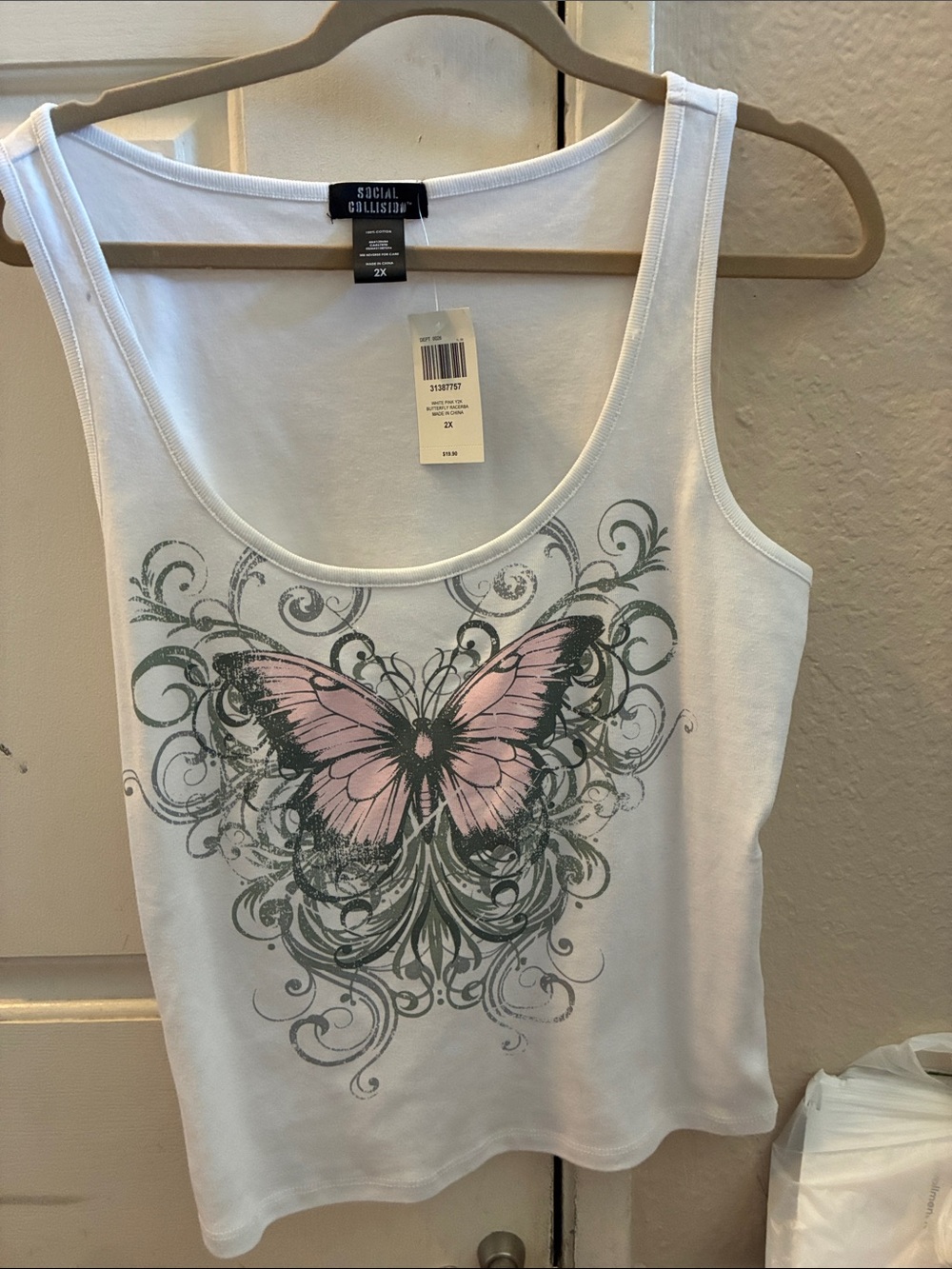 White Tank Top with Pink Butterfly Print